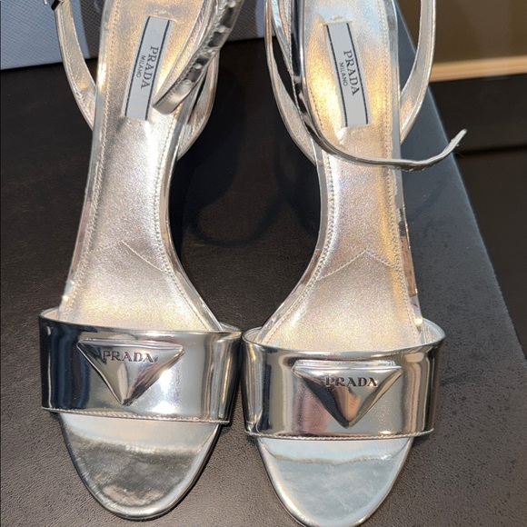 Prada Metallic Silver Heeled Sandals - Picture 2 of 5